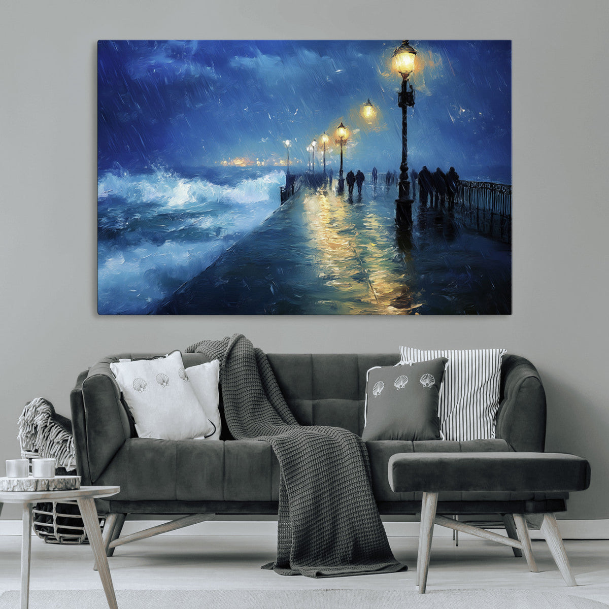 Storm Ocean Pier Canvas Wall Art Print - Large Moody Night