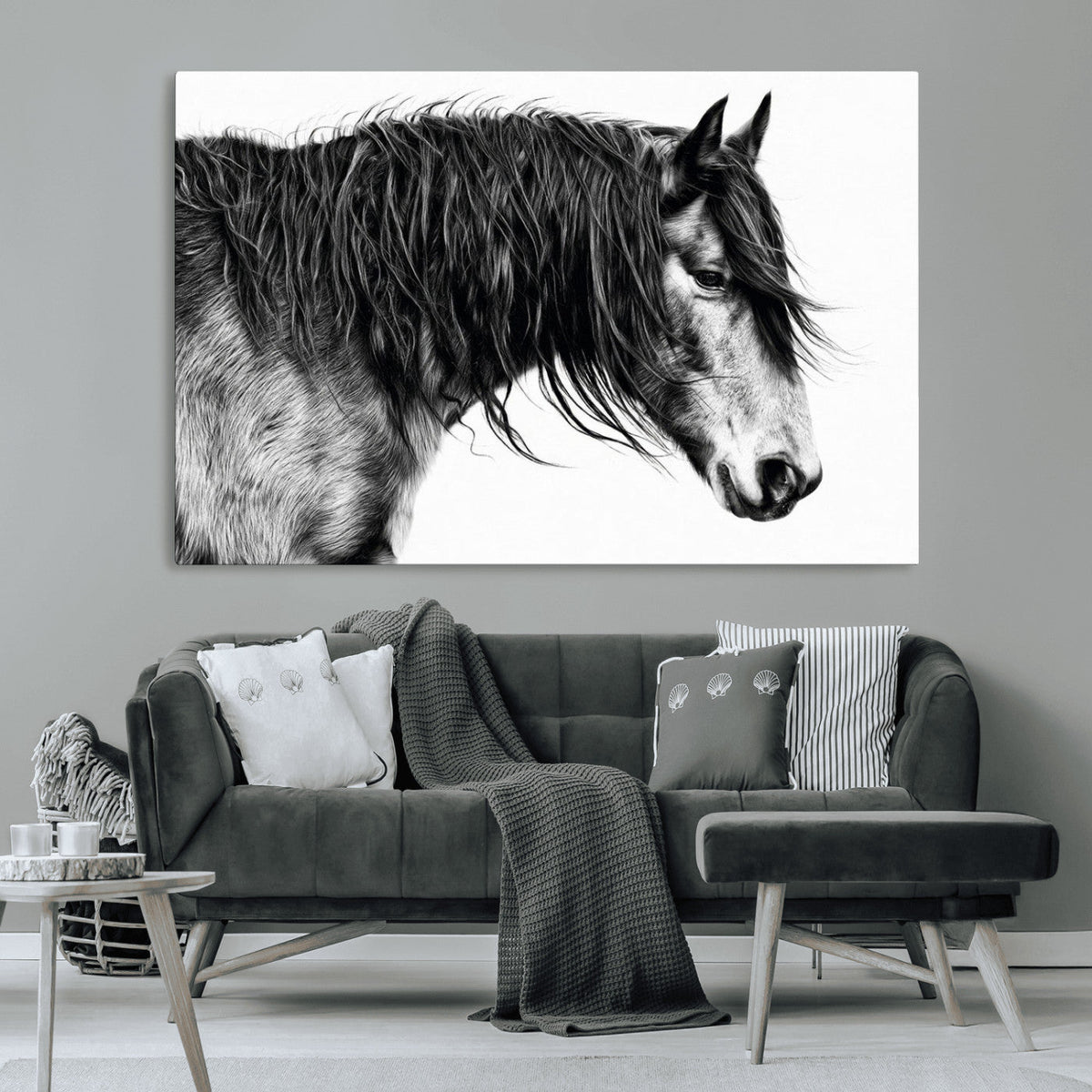Majestic Horse Wall Art – Framed Black White Portrait Canvas