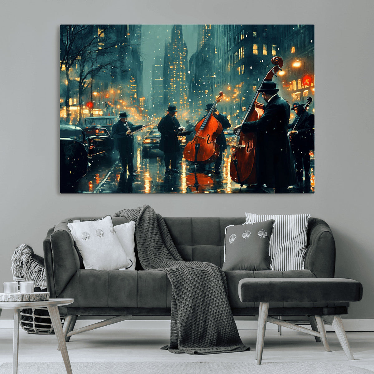 Urban Night Jazz Wall Art Canvas Print – Moody Rain-Soaked