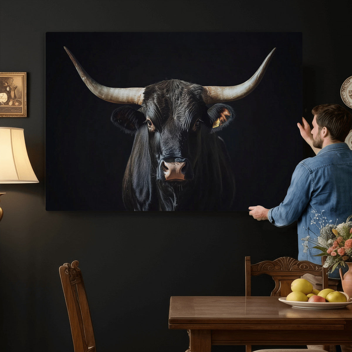 Majestic Longhorn Bull Wall Art Canvas Print – Dark