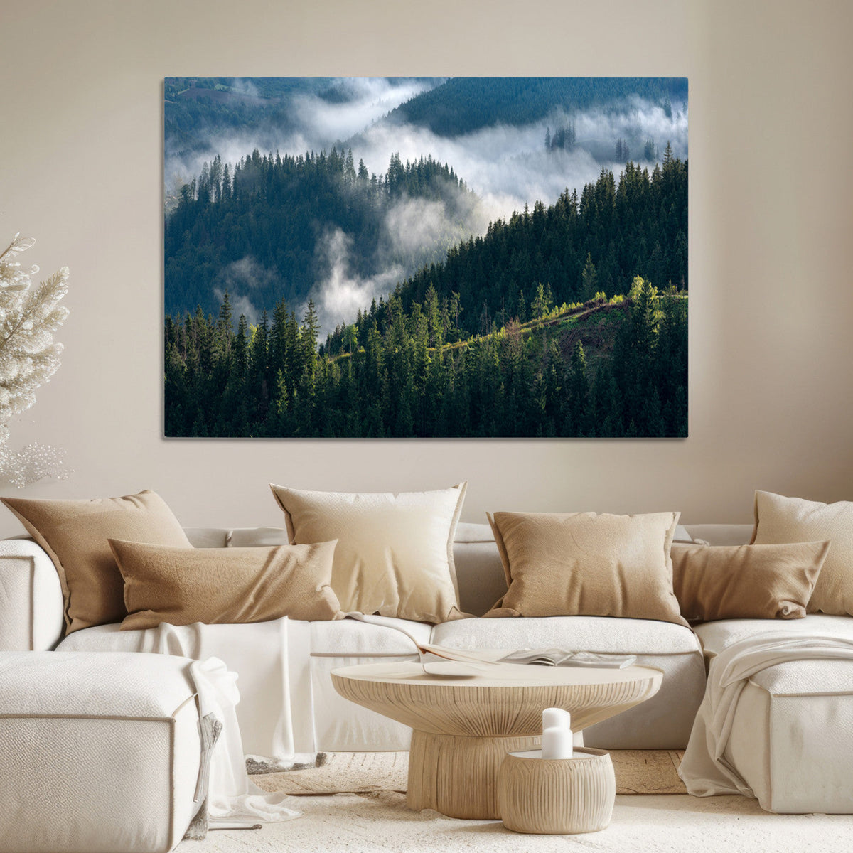 Misty Forest Wall Art Canvas Print – Pine Hills Foggy Trees