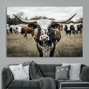 Texas Longhorn Wall Art – Framed Speckled Cow Canvas