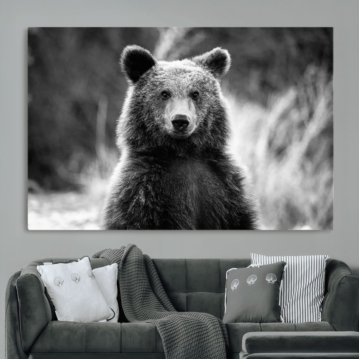 Grizzly Bear Wall Art Canvas Print – Framed Black White