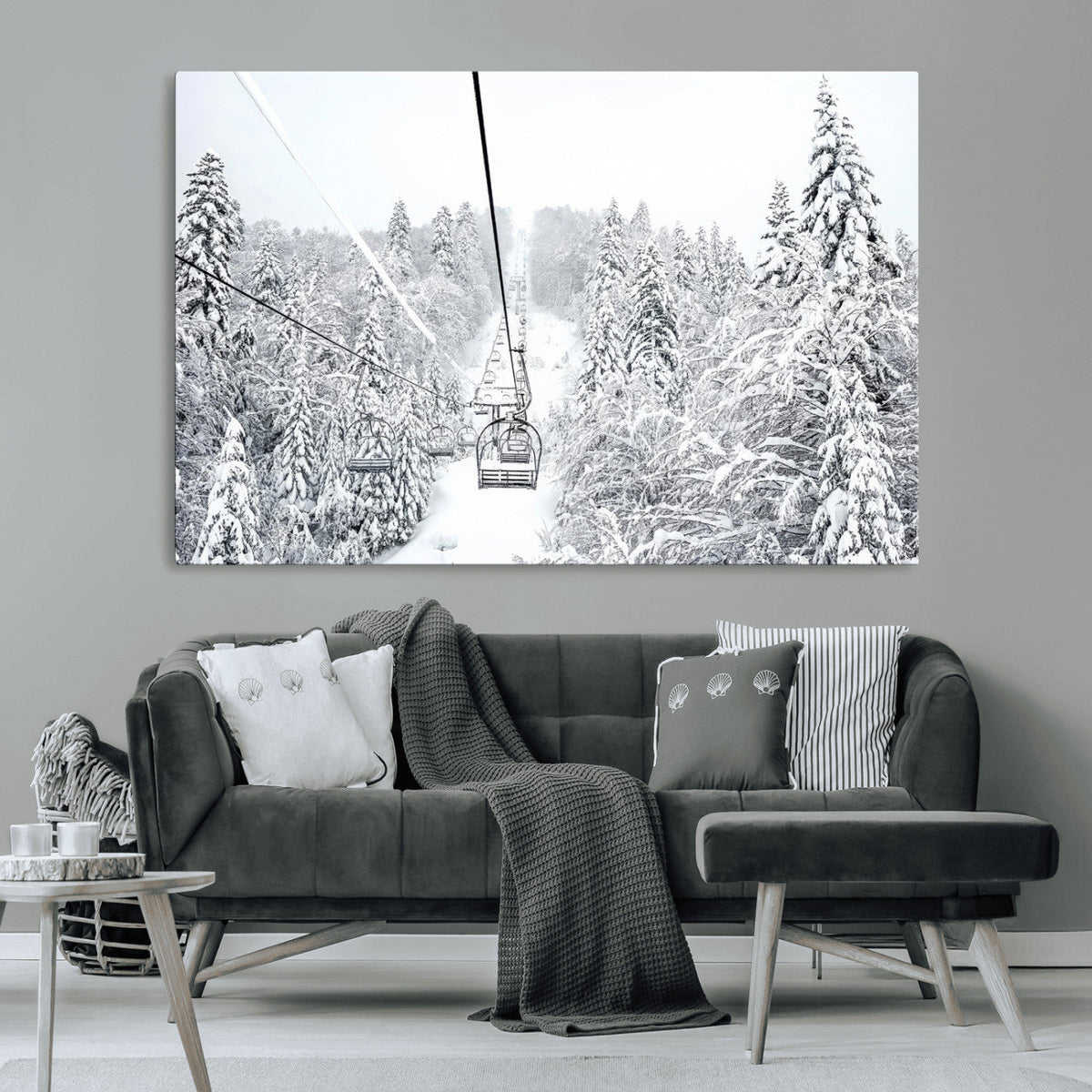 Snowy Ski Lift Wall Art – Framed Winter Mountain Canvas