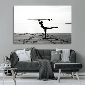 Yoga Surf Wall Art Canvas Print – Framed Black White Shore