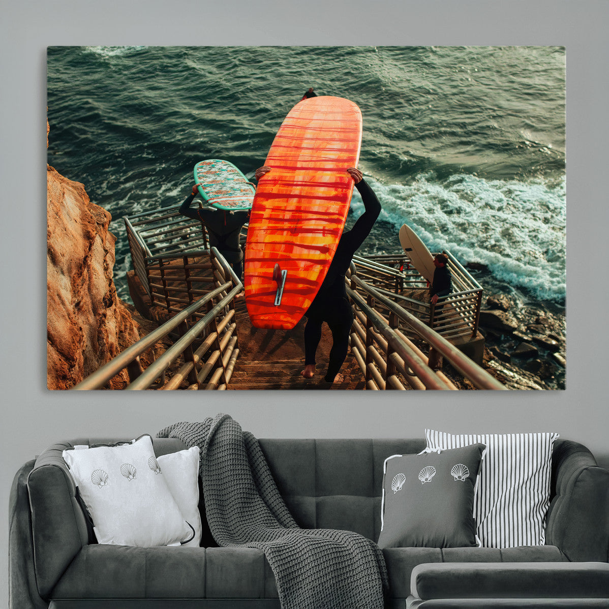Surfer Stairway Wall Art – Framed Ocean Surf Canvas Artwork,