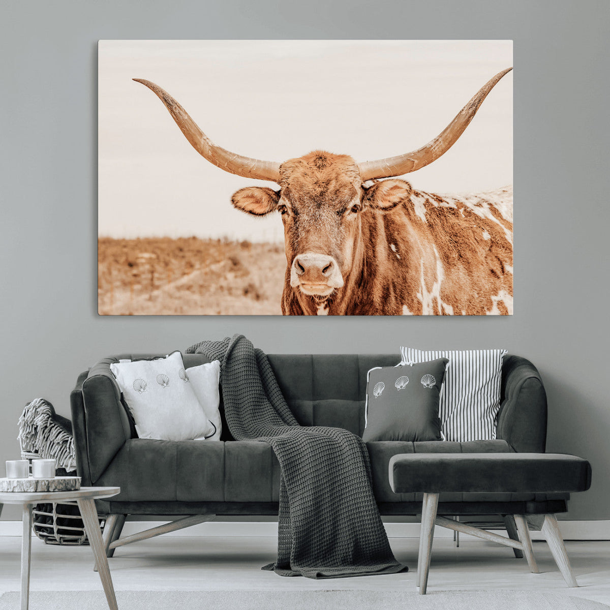 Texas Longhorn Wall Art Canvas Print – Framed Sepia Cow Art