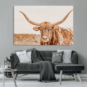 Texas Longhorn Wall Art Canvas Print – Framed Sepia Cow Art