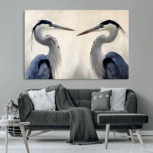 Blue Heron Pair Wall Art Canvas Print, Framed Coastal Bird