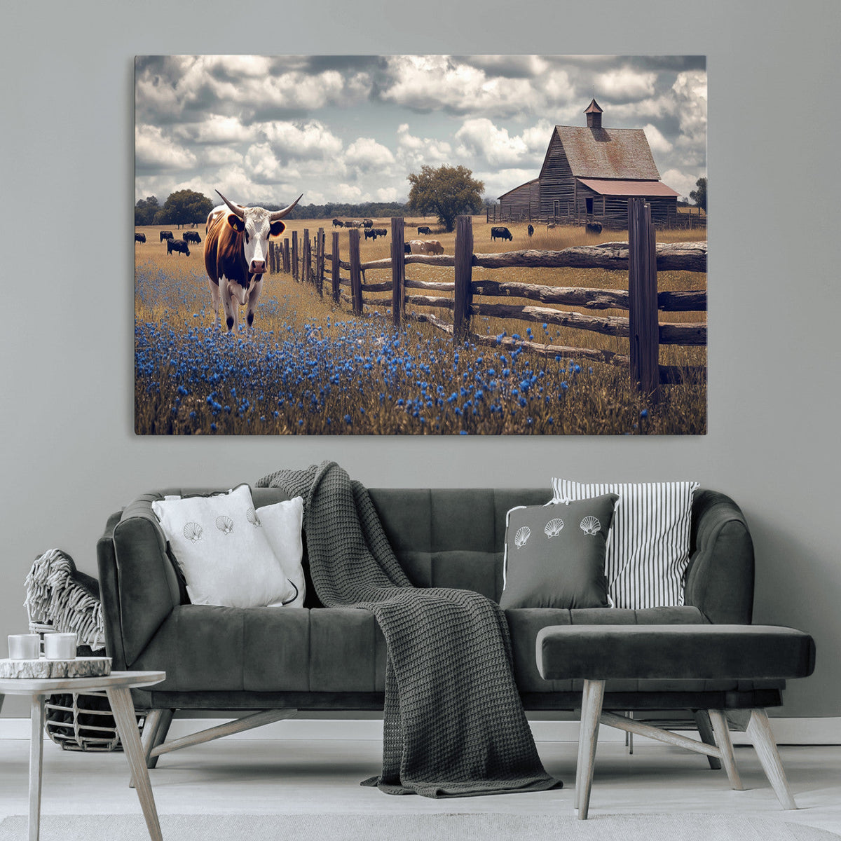 Texas Longhorn Canvas Wall Art Print – Framed Rustic Barn