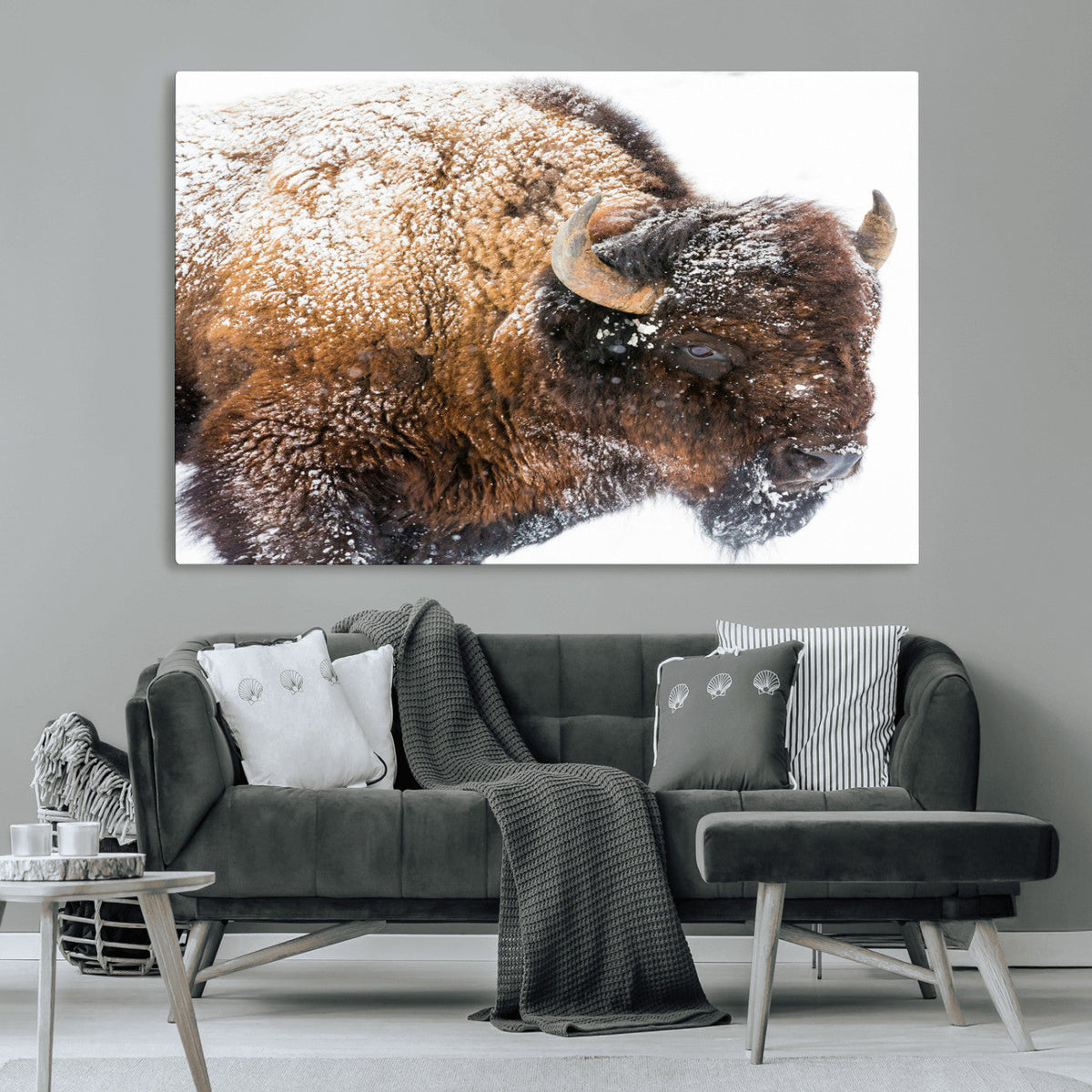 Snowy Buffalo Wall Art Canvas Print – Framed Rustic Lodge