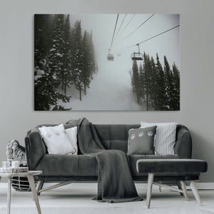 Ski Lift Wall Art Canvas Print – Snowy Pines Misty Landscape