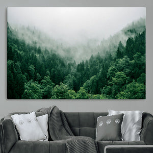 Misty Green Forest Canvas Print – Framed Serene Foggy Pine