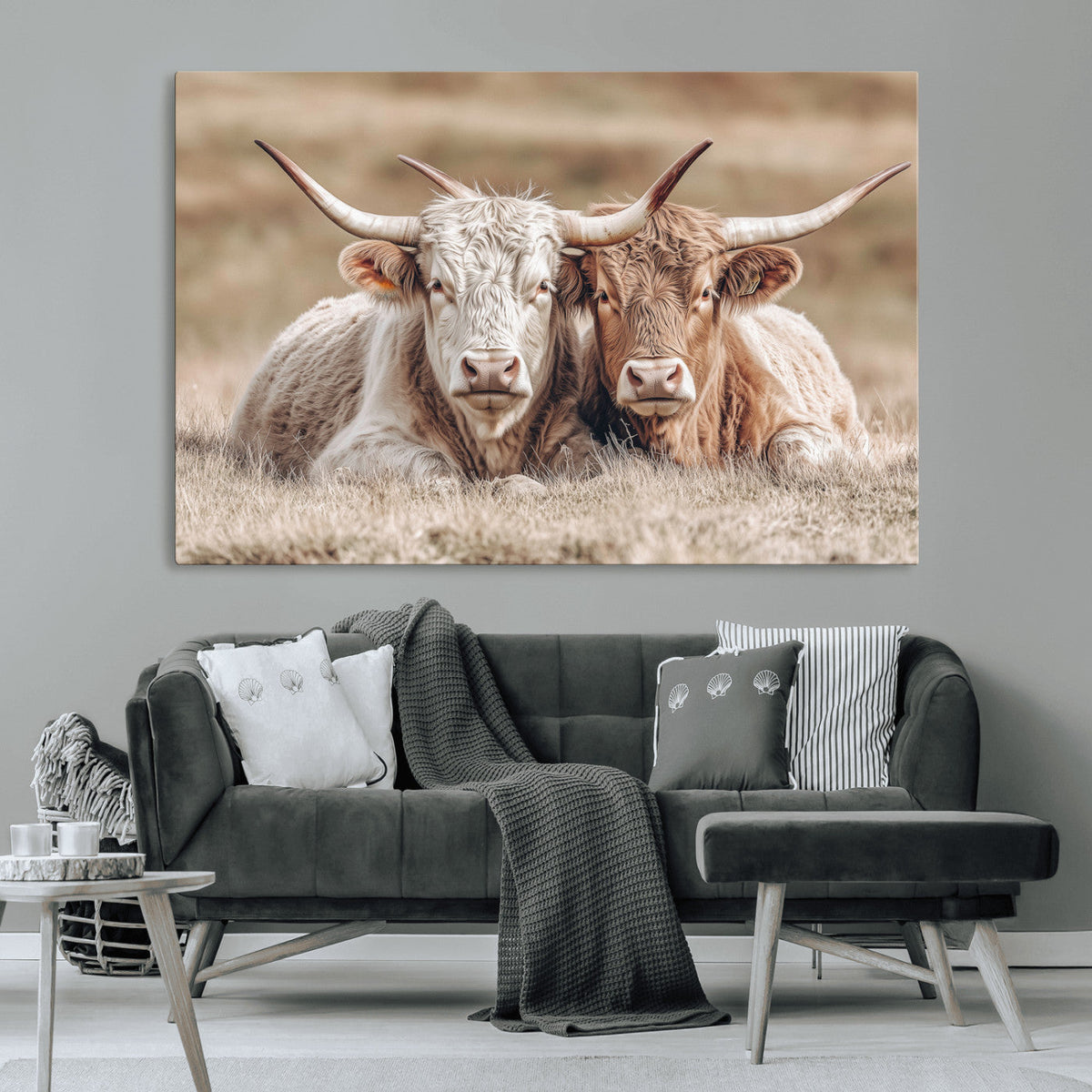 Couple Highland Cows Wall Art Canvas Print – Peaceful Meadow