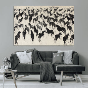 Wild Horse Stampede Wall Art Canvas Print – Monochrome