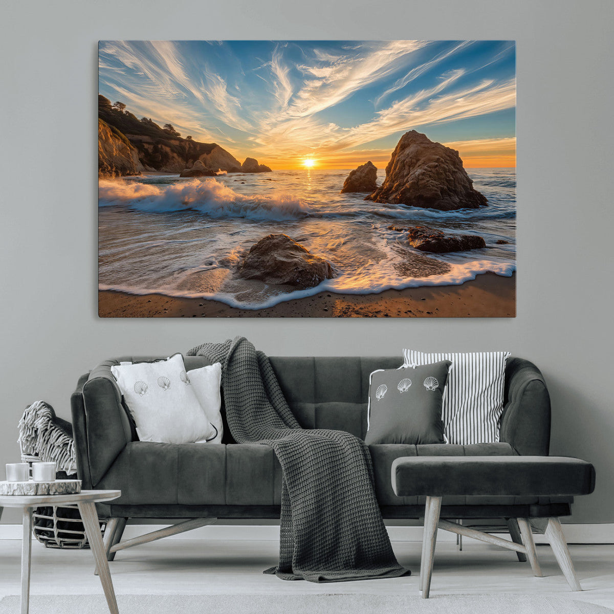 Rocky Ocean Sunset Wall Art Print – Seaside Canvas Dramatic