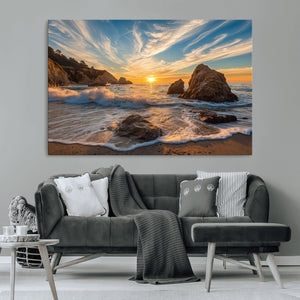 Rocky Ocean Sunset Wall Art Print – Seaside Canvas Dramatic