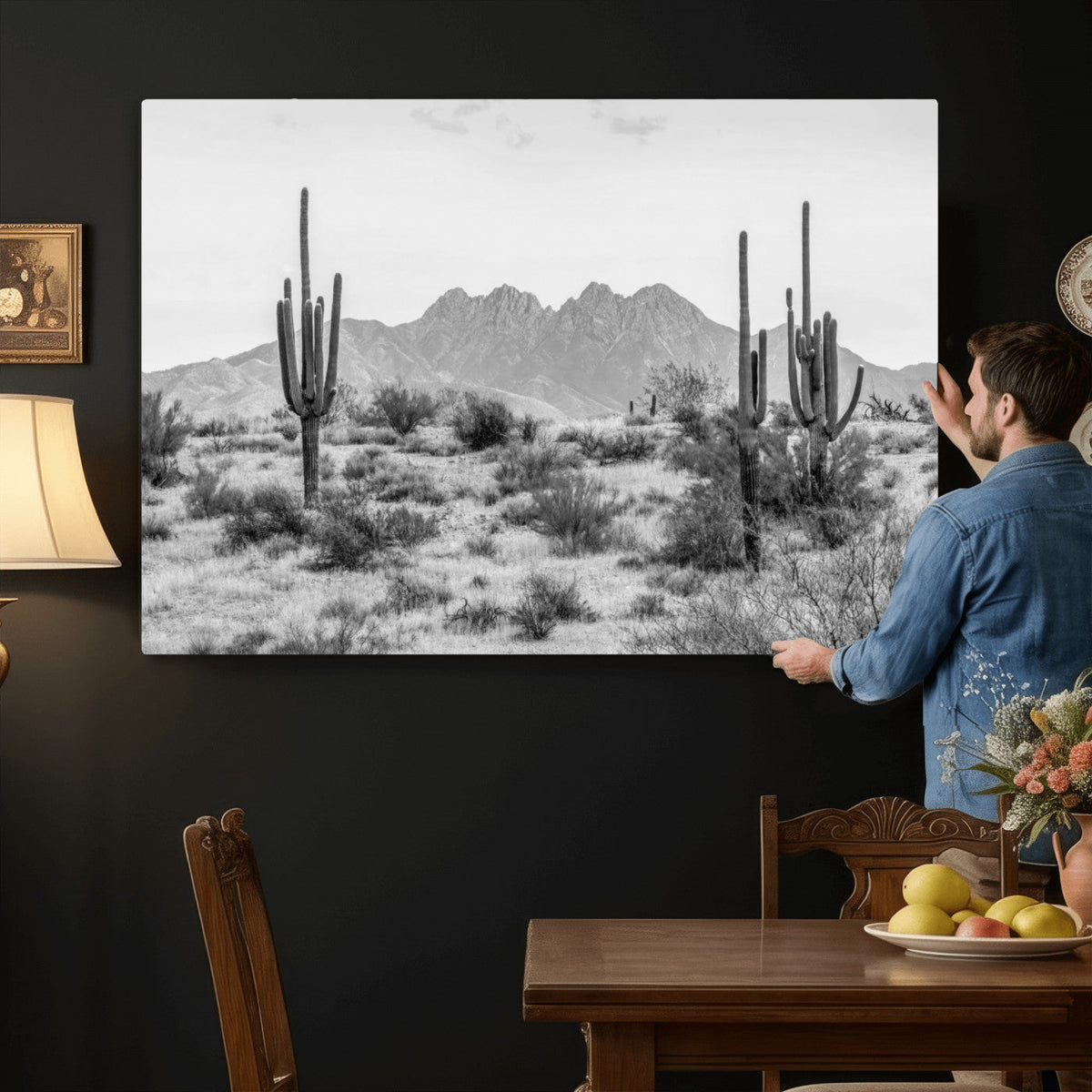 Black White Arizona Desert Canvas Wall Art Cactus Farmhouse
