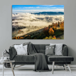 Misty Autumn Hills Wall Art Canvas Print, Foggy Forest