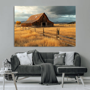 Golden Sunset Barn Wall Art Canvas Print, Rustic Autumn Farm