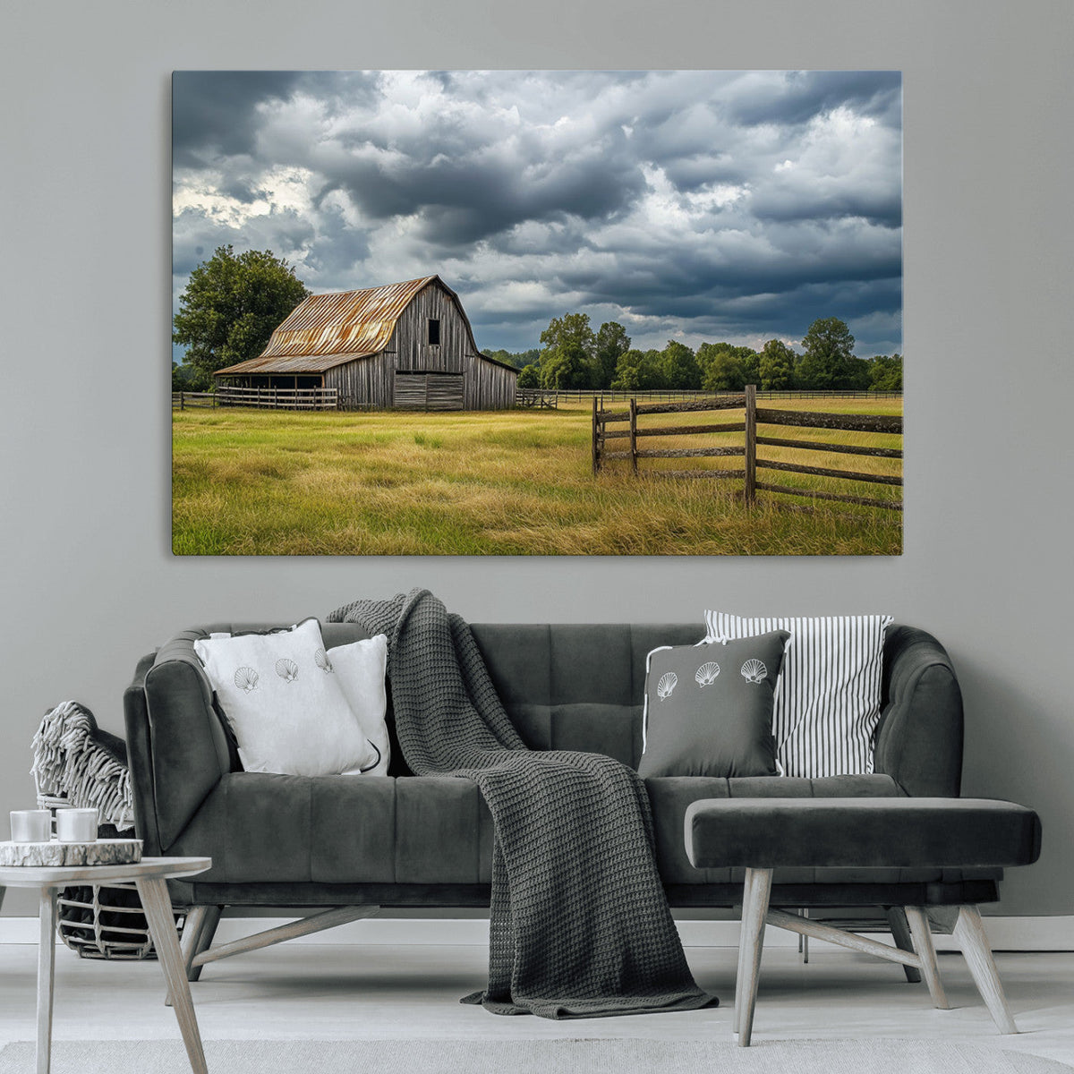 Rustic Stormy Barn Wall Art Canvas Print, Moody Country Farm