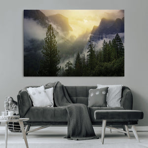 Misty Mountain Valley Wall Art Canvas Print, Golden Sunrise