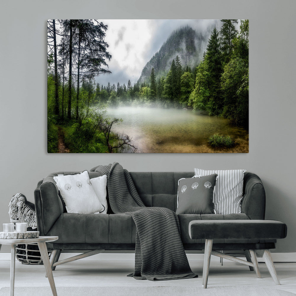 Misty Lake Forest Wall Art Canvas Print, Green Trees and