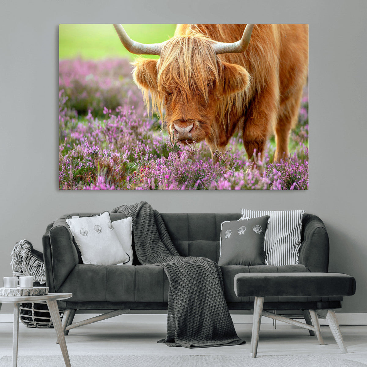 Highland Cow Wall Art – Purple Flowers Pasture Scenic