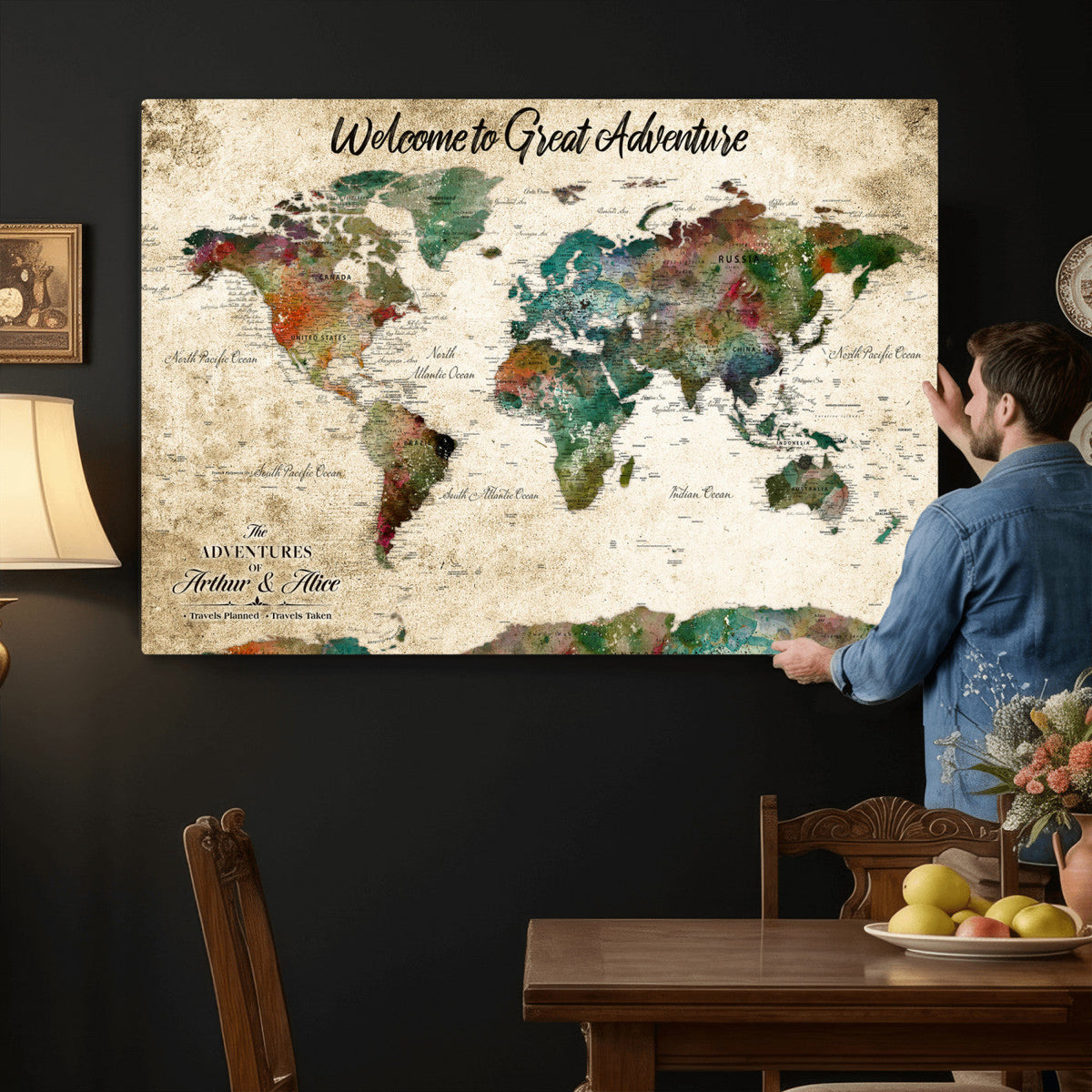 Grunge Personalized World Map Wall Art Canvas Print – Custom