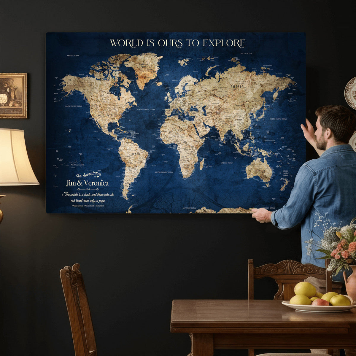 Framed Custom World Map Canvas Print - Deep Blue World Map