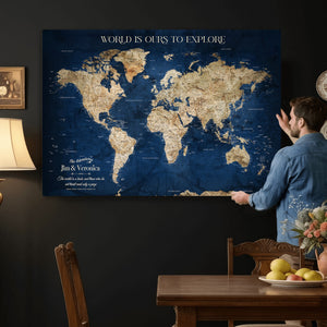 Framed Custom World Map Canvas Print - Deep Blue World Map