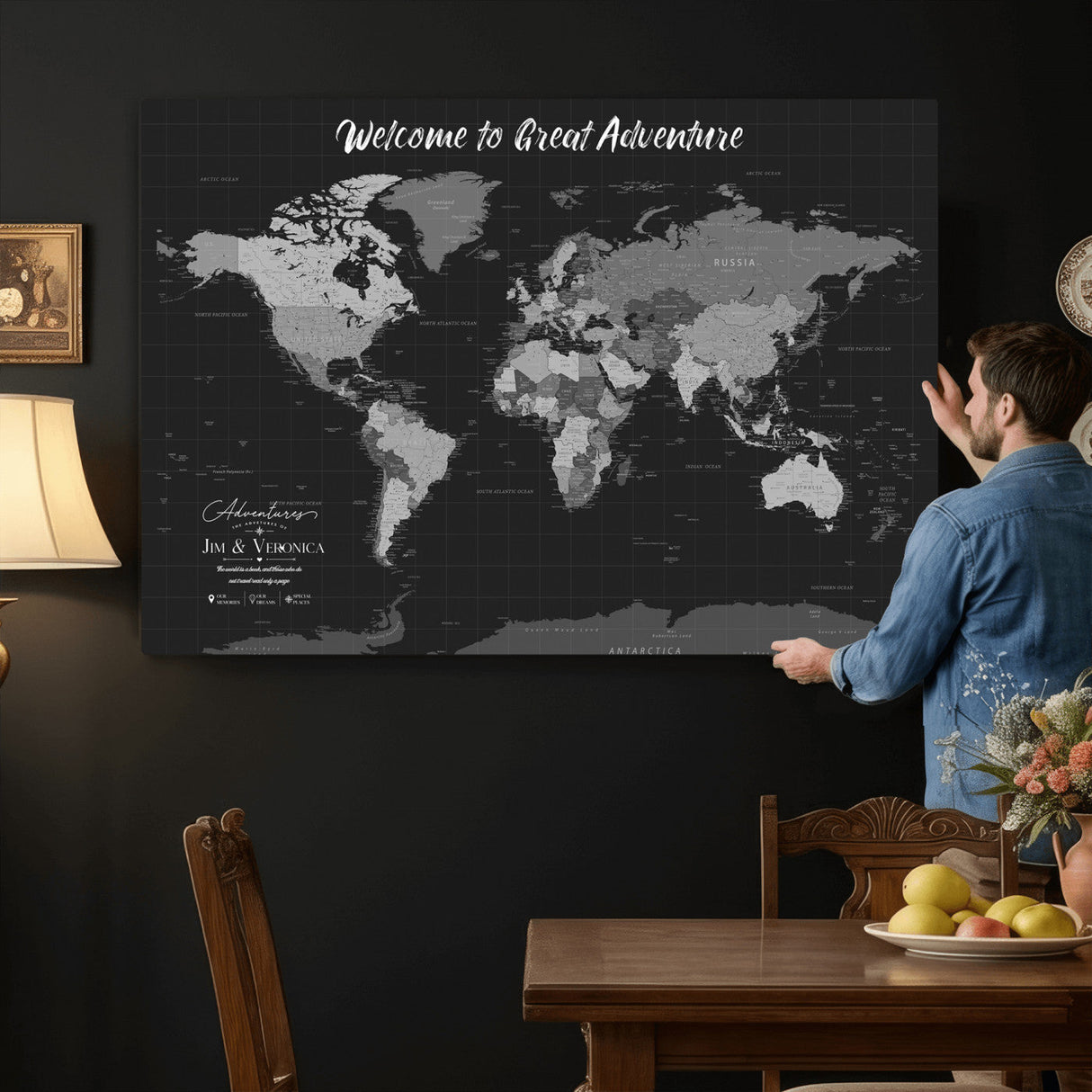 Custom World Map Canvas with Pins – Custom Framed Push Pin Maps - NEWMAP-21