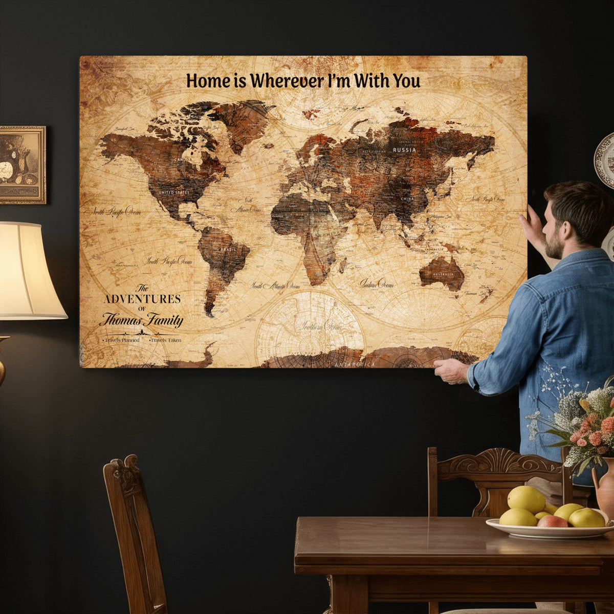 Custom Vintage World Map Canvas Wall Art – Custom Framed