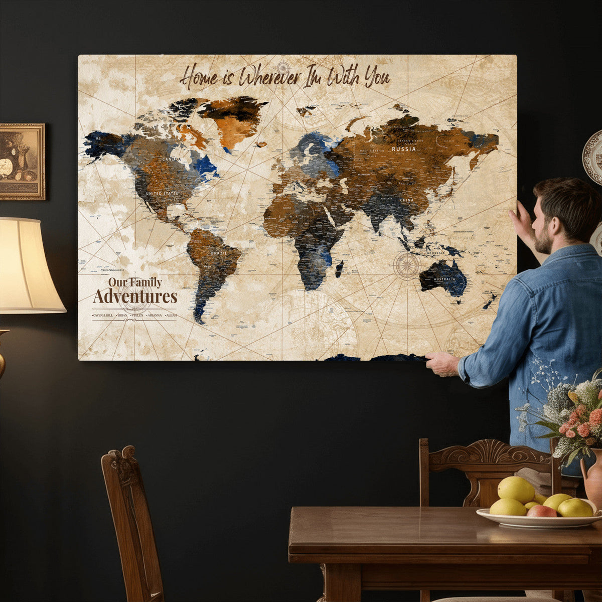 Vintage Custom World Map Canvas Wall Art – Custom Framed