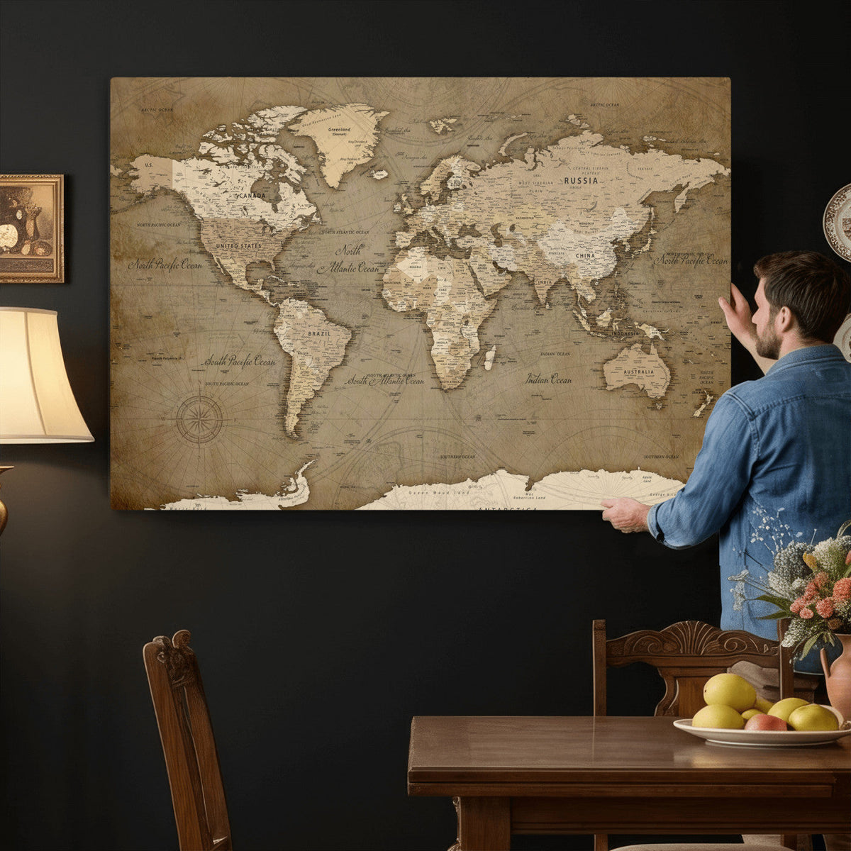 World Map Wall Art Canvas Print, Framed Map Art Picture