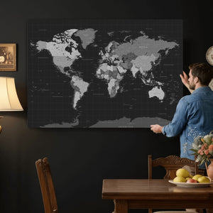 Black World Map Wall Art Canvas Print – Detailed Map of the