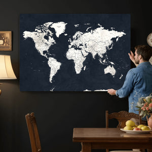 Black World Map Wall Art Canvas Print for Home Office and