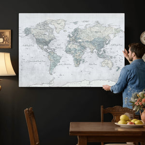 Push Pin World Map Canvas Print - Detailed Vintage World Map
