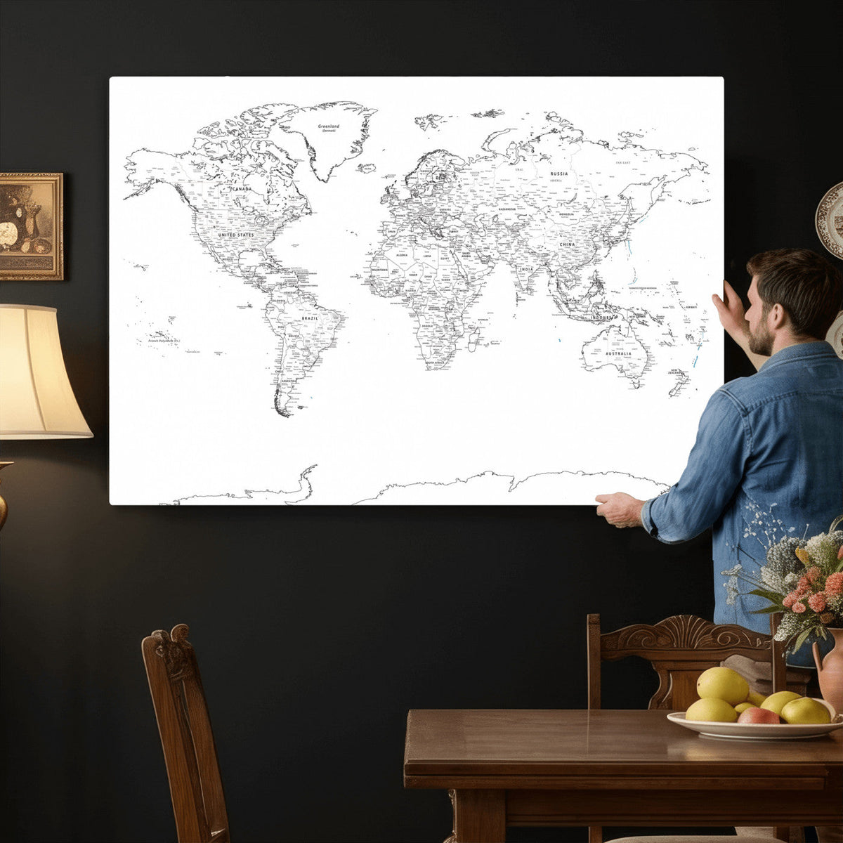 World Map Canvas Print – Framed Modern Detailed Map of the