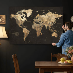 Framed World Map with Pin Canvas Print – Detailed World Map
