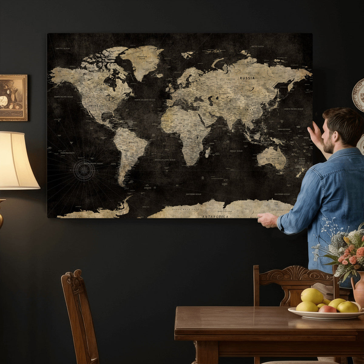 Push Pin World Map Canvas Wall Art Print, Interactive Travel