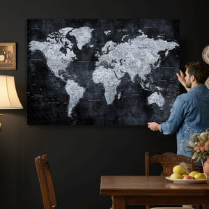 Black World Map Canvas Print – Detailed Map for Couples and