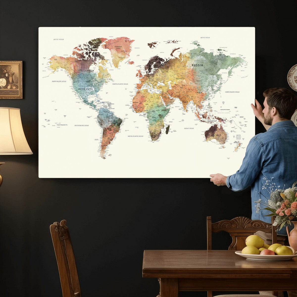 Framed World Map Wall Art Canvas Print for Living Room and