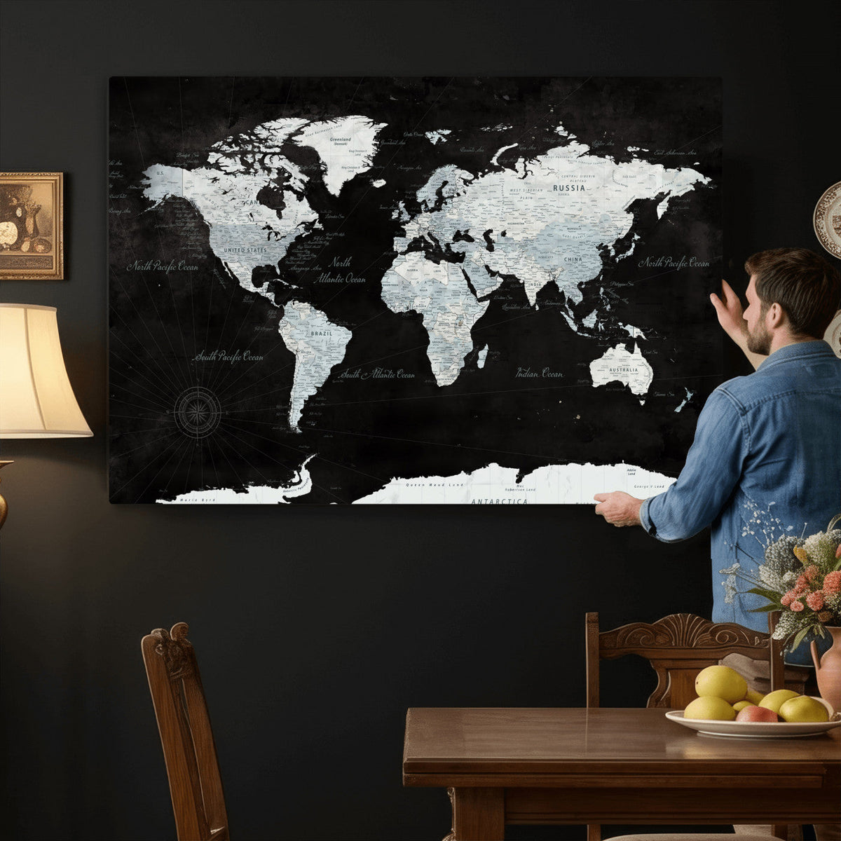 World Map Canvas Print – Framed Push Pin Wall Art, Color
