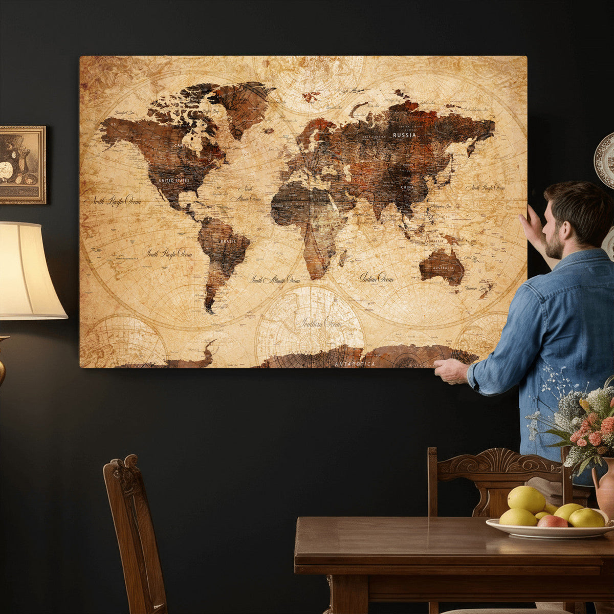 Modern Red and Gray World Map Canvas Print – Framed Wall Art