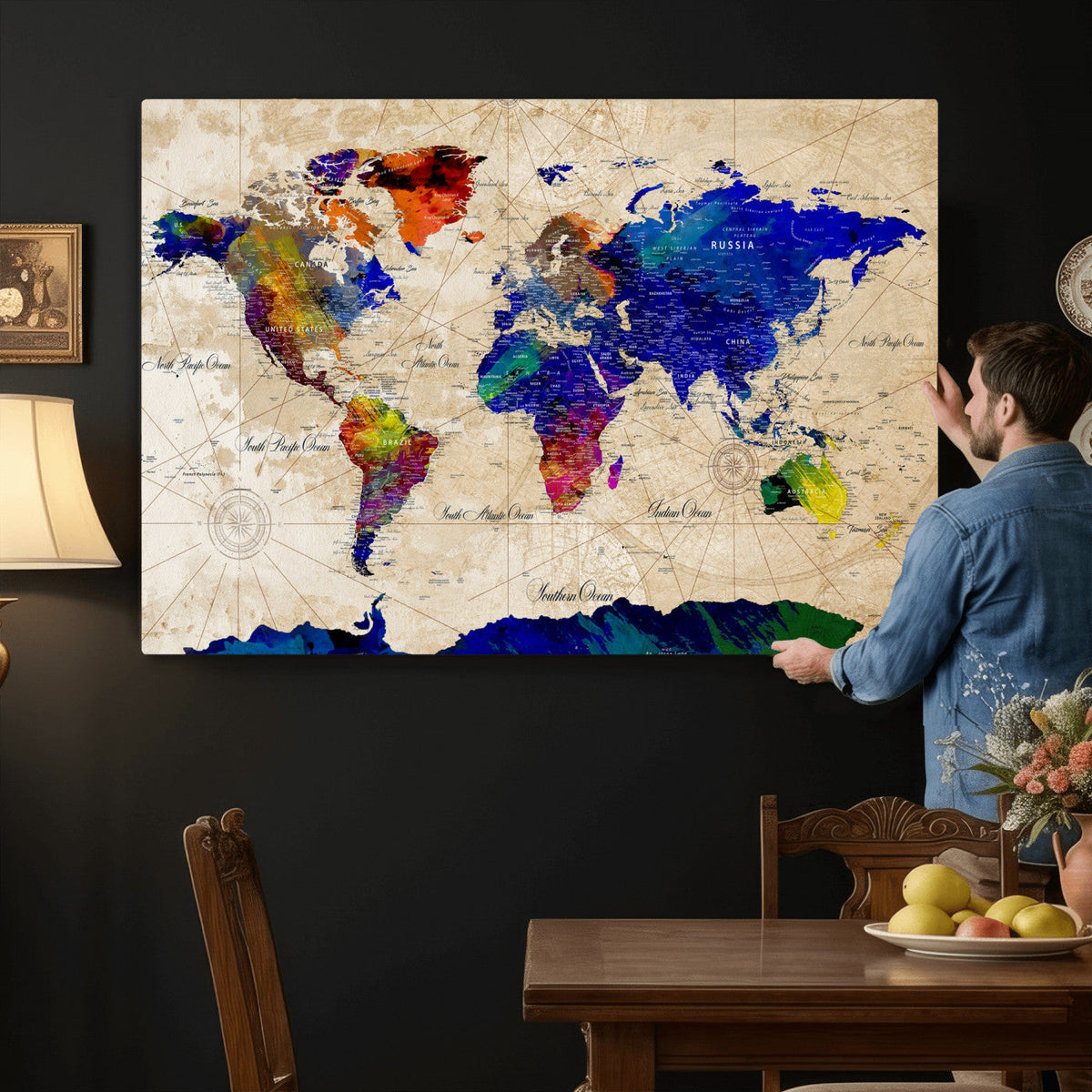 Watercolor World Map Canvas Print – Framed Wall Art for