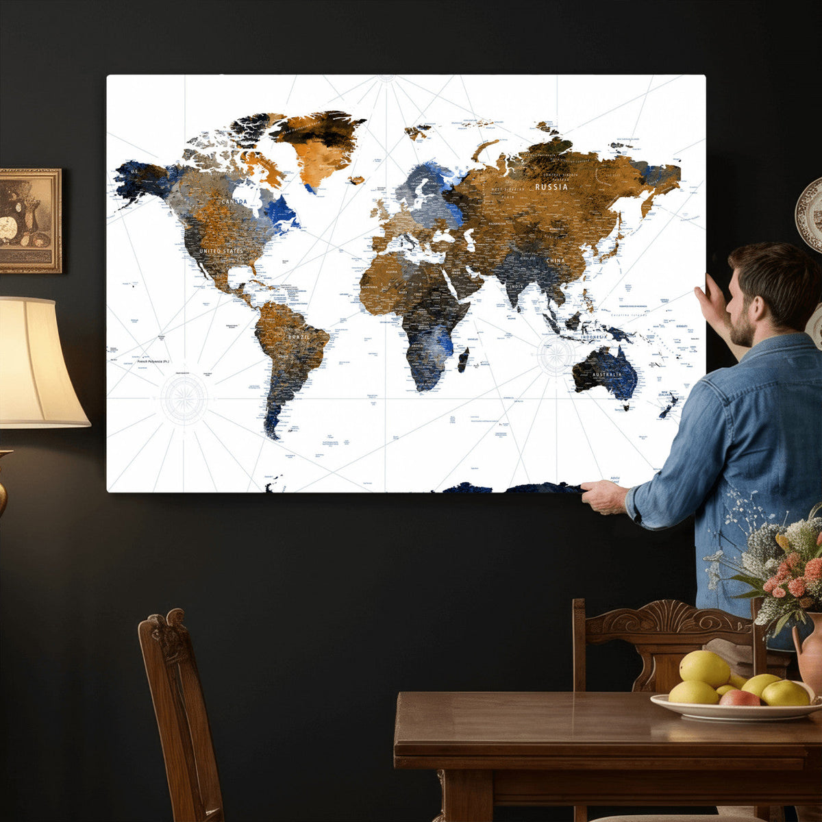 Colorful Watercolor World Map Canvas Wall Art – Framed