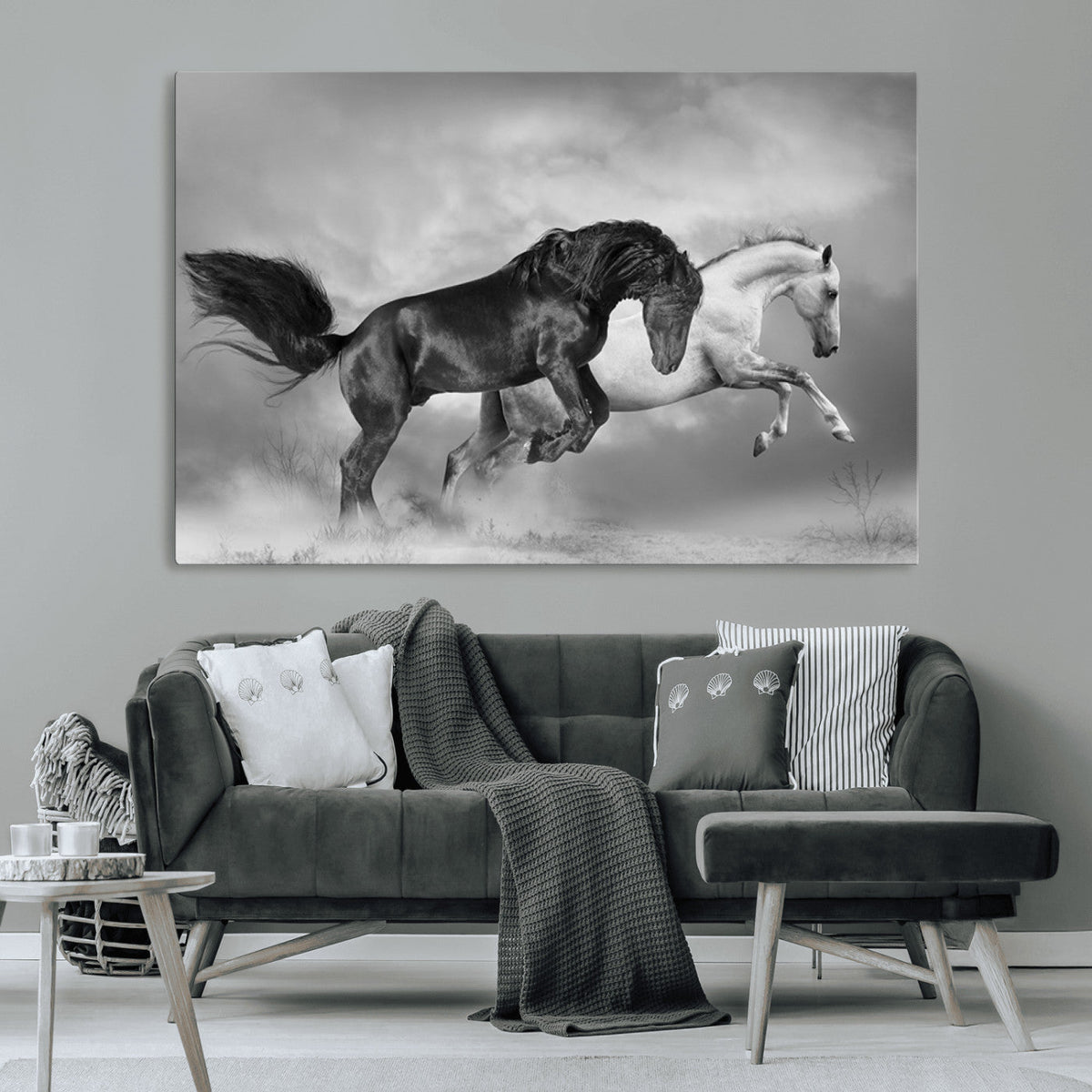 Wild Horses Wall Art Canvas Print – Framed Black and White