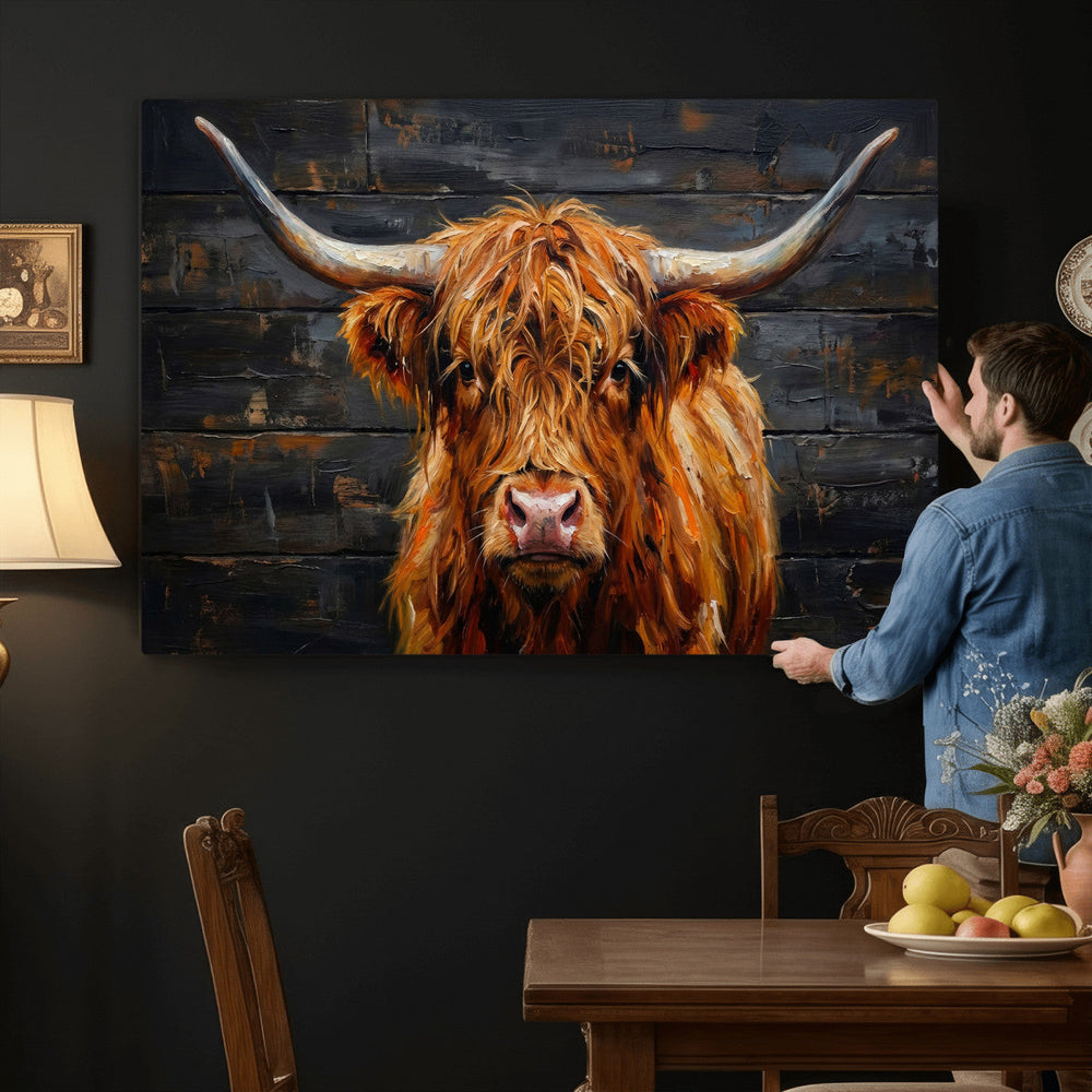 Highland Cow Wall Art Canvas Print, Rustic Farm Animal