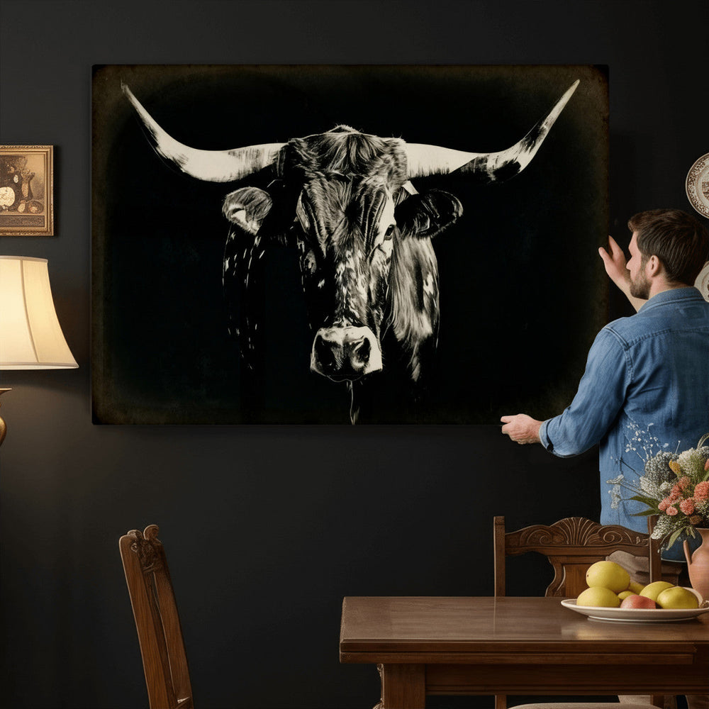 Black Bull Wall Art Canvas Print, Texas Longhorn Portrait